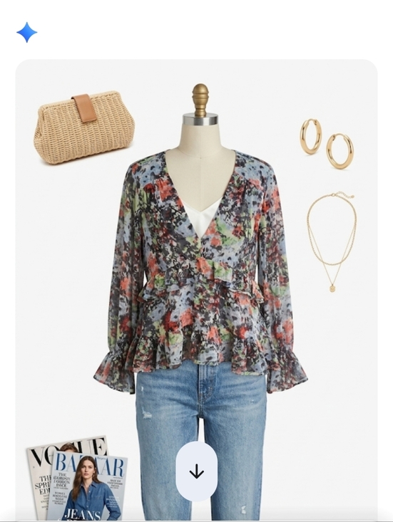 cinq a sept Tops - cinq a sept Floral Abstract V-Neck Ruffle Long Sleeve Top - Coral, Green, Gray